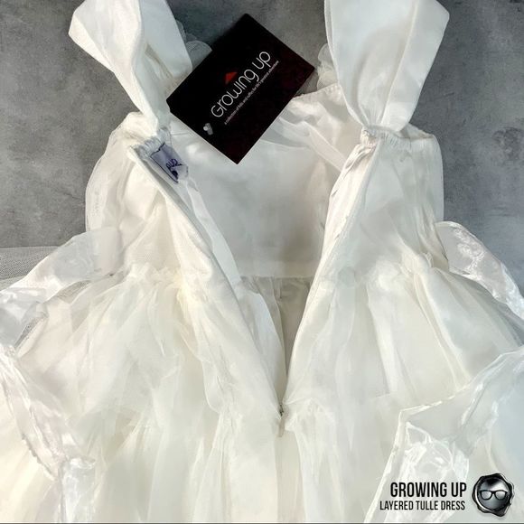 LAYERED MESH TULE PARTY DRESS IN OFF WHITE TEA LENGTH EMPIRE WAIST GIRLS SIZE 4 - Picture 11 of 15